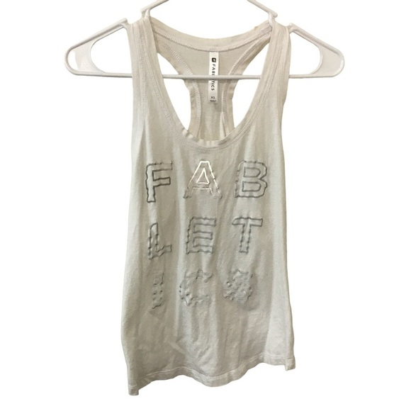 3/$15 Fabletics white with metallic silver graphic racer back tank top size XS - Picture 1 of 6